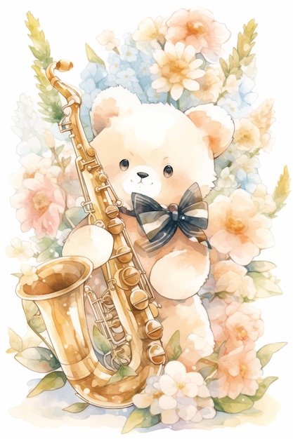 A bear playing a saxophone with flowers in the background