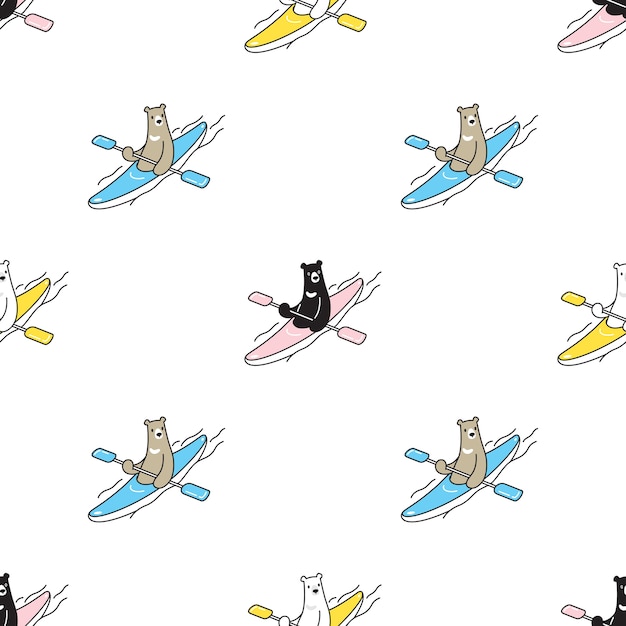 Bear polar seamless pattern kayak cartoon illustration