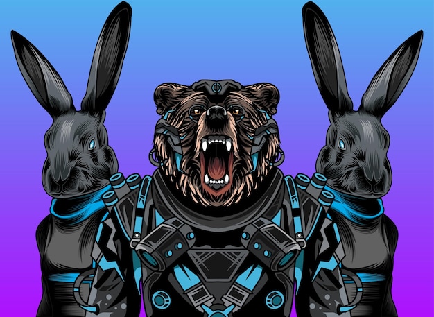 bear and rabbit cyborg illustration design