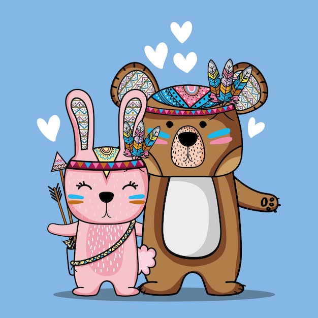 Bear and rabbit tribal animal with feathers