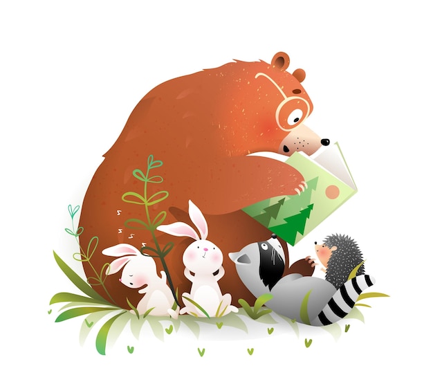 Vector bear and rabbits reading book under tree in winter