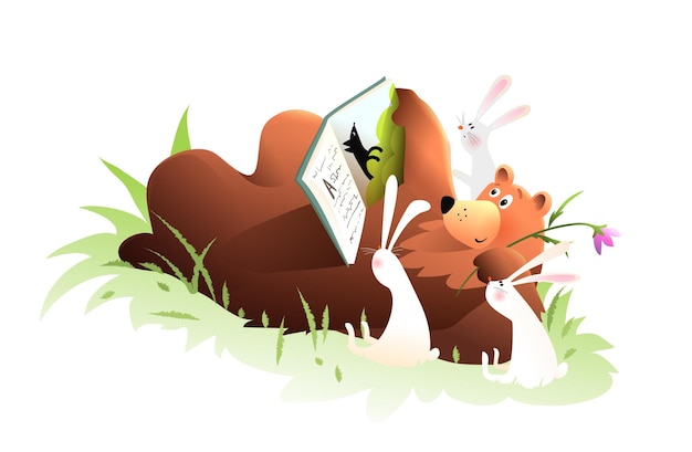 Vector bear and rabbits reading story book clipart