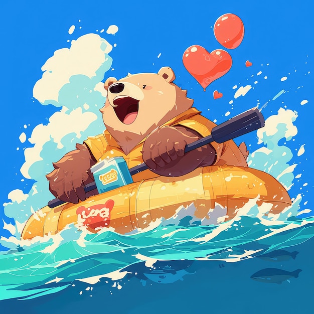 A bear on a raft cartoon style