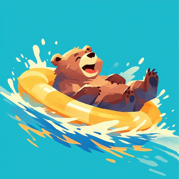 A bear on a raft cartoon style