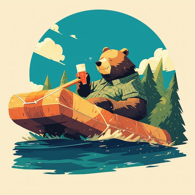 Vector a bear on a raft cartoon style