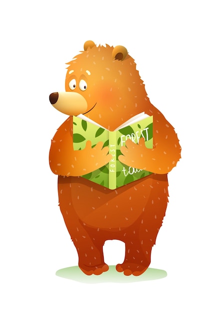 Bear reading a book story or fairy tale about forest, cute baby animal studying. Vector bear cub fantasy illustration for children in watercolor style.