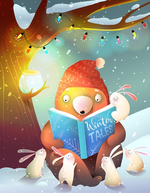 Vector bear reading book to rabbits winter forest night