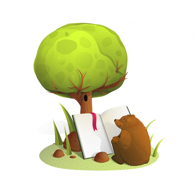 Vector bear reading book watercolor illustration