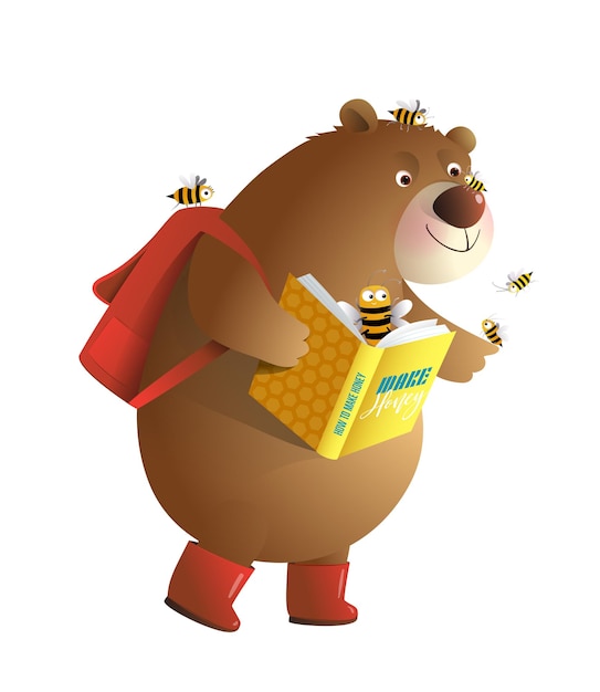 Bear Reading and Study a Book with Bees Isolated animal Clip art cartoon for children and kids