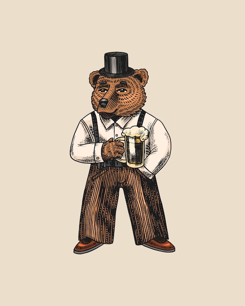 Медведь в рубашке и подвязках с пивом модный животный персонаж в винтажном костюме ручной эскиз