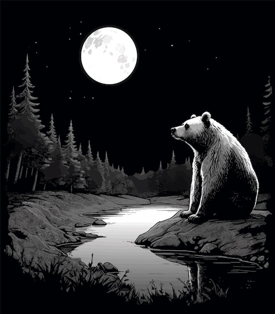 Vector a bear sits on a rock under a full moon.