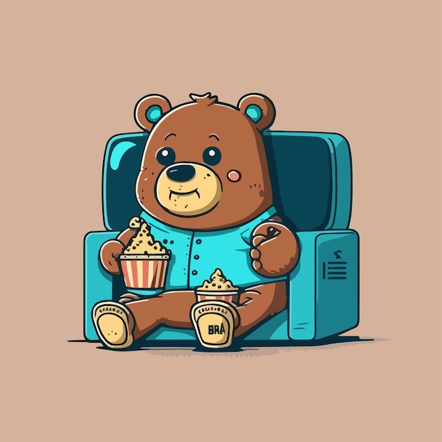 Медведь сидит в кресле, ест попкорн и смотрит фильм.