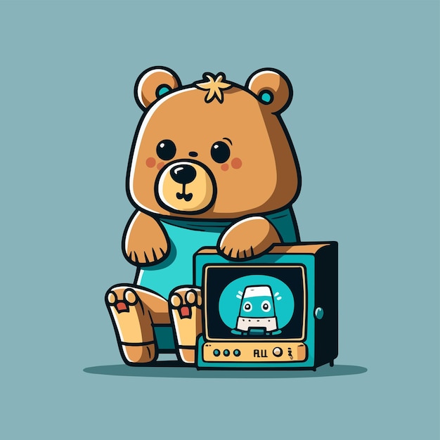 A bear sitting next to a vintage television.