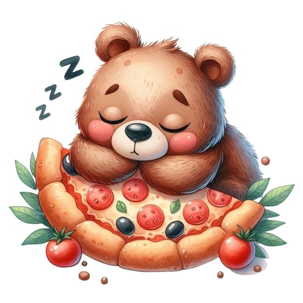 Bear sleeping on pizza clipart watercolor