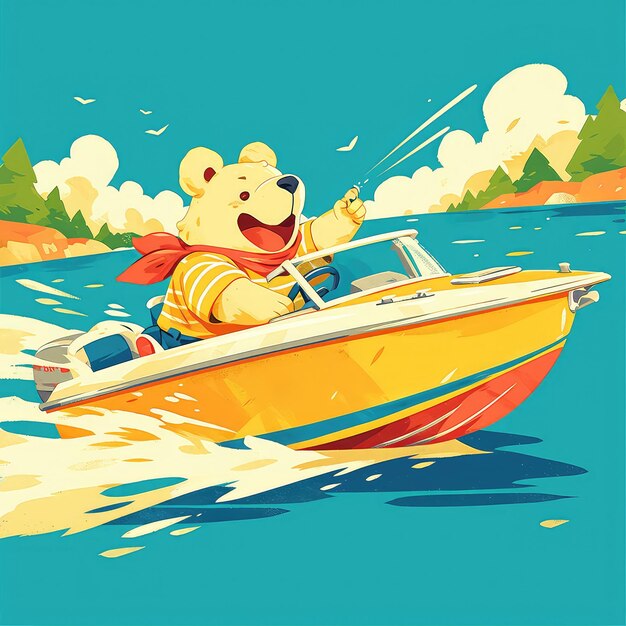 A bear in a speedboat cartoon style