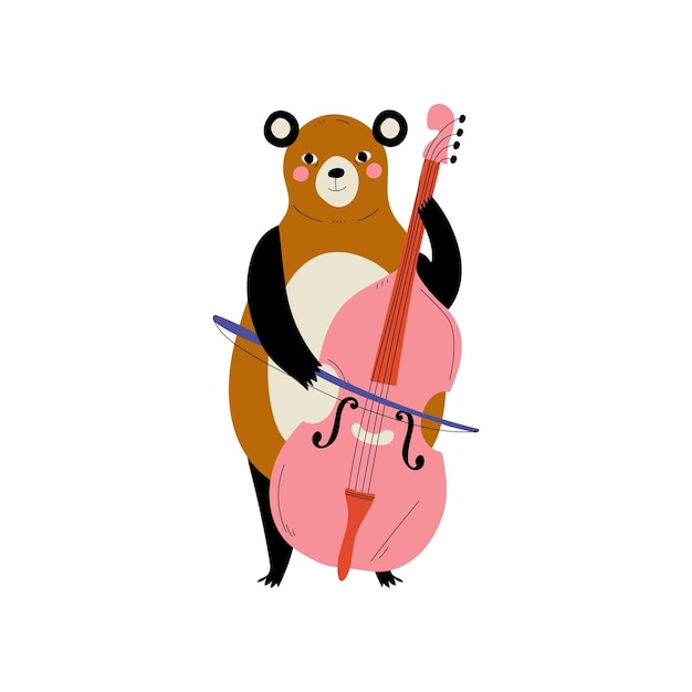 Bear Speelt Cello Leuke Cartoon Dier Muzikant Karakter Speelt String Muziekinstrument Vector Illustratie op Witte achtergrond