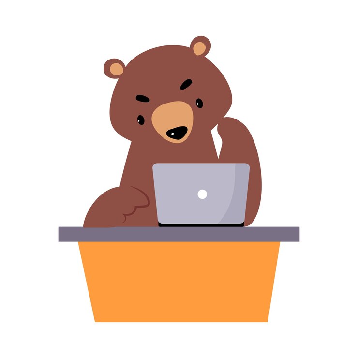 Vector bear staff or office employee sitting at desk with laptop vector illustration