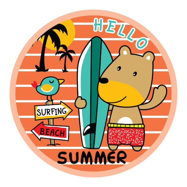 Vector bear and surfboard funny animal cartoon