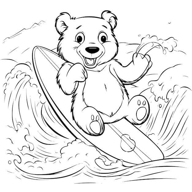 Bear Surfing Coloring Page Drawing For Kids