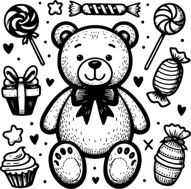 Bear toy black outline vector illustration