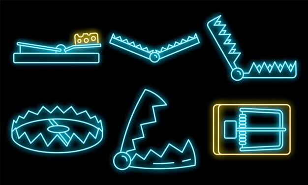 Bear trap icons set Outline set of bear trap vector icons neon color on black