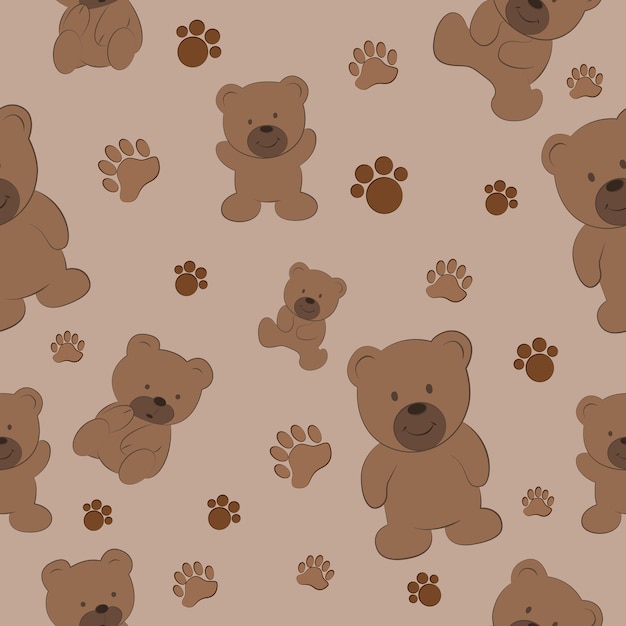 Vector bear vector in different poses and bear paw pattern seamless vector on brown background