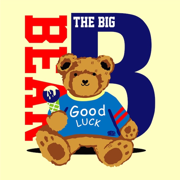A bear wearing a blue shirt that says the big bear on itdesign cartoon vector illustration