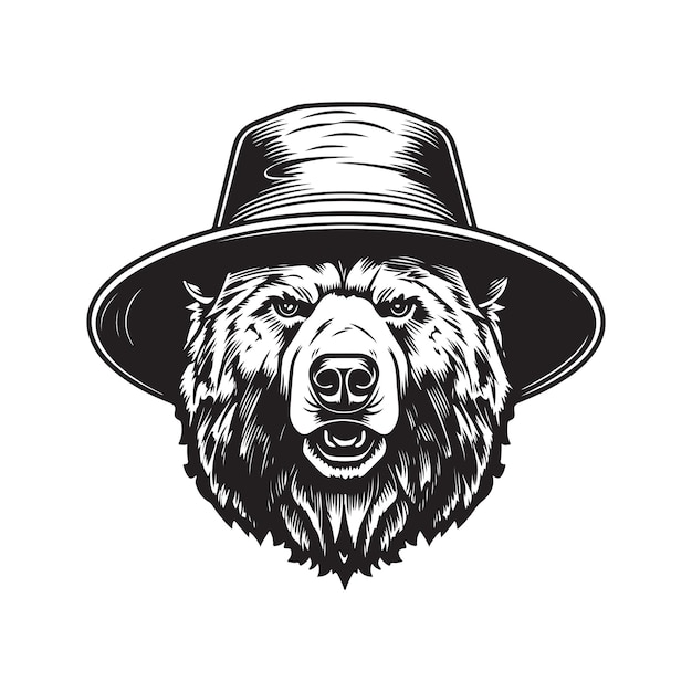 Orso che indossa il concetto di logo vintage del cappello della benna illustrazione disegnata a mano di colore bianco e nero