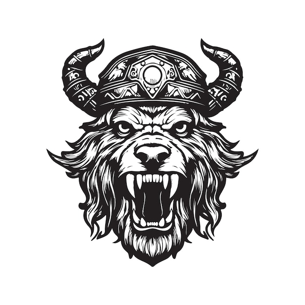 Bear wearing viking helmet vintage logo concept black and white color hand drawn illustration