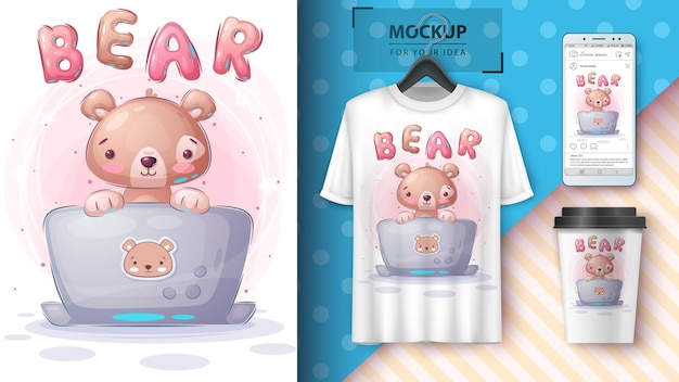 Bear werkt bij de notebookposter en merchandising