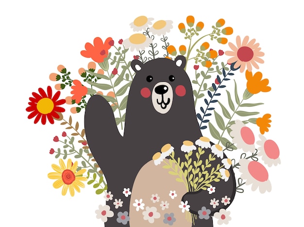 Vector bear with flower doodle illustration