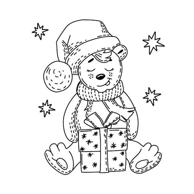 Bear with a gift box Coloring Christmas and new year Isolated background Vector