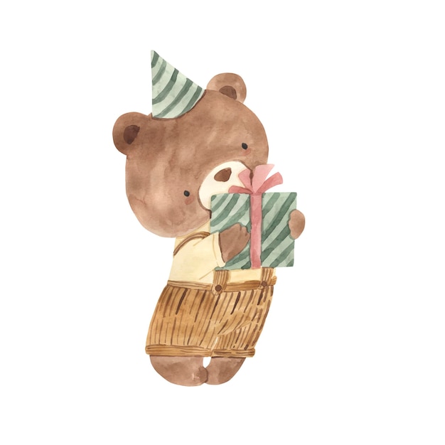 Bear with gift watercolor illustration for kids