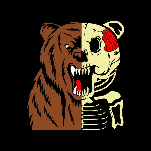 Bear with half bear skull tshirt design illustration