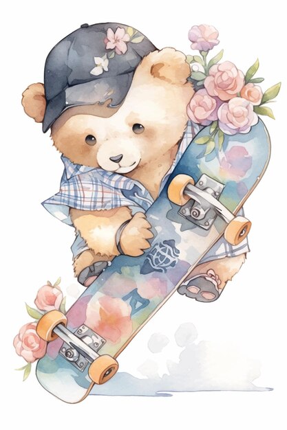 A bear with a hat and a skateboard is holding a skateboard.