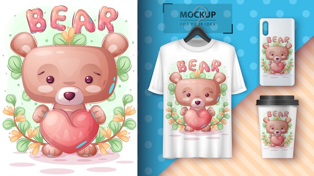 Orso con poster a cuore e merchandising.