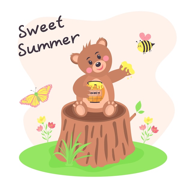 Vector bear with honey pot is sitting on the tree stump cartoon bee and butterfly is flying summer meadow