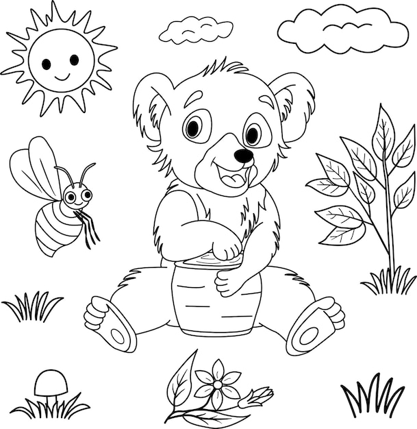 Bear with a jar of honey for a children's coloring book