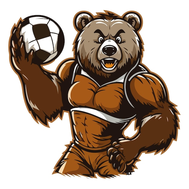 A bear with a soccer ball on his hand