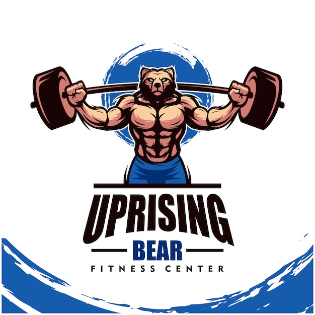 Bear with strong body, fitness club or gym logo.