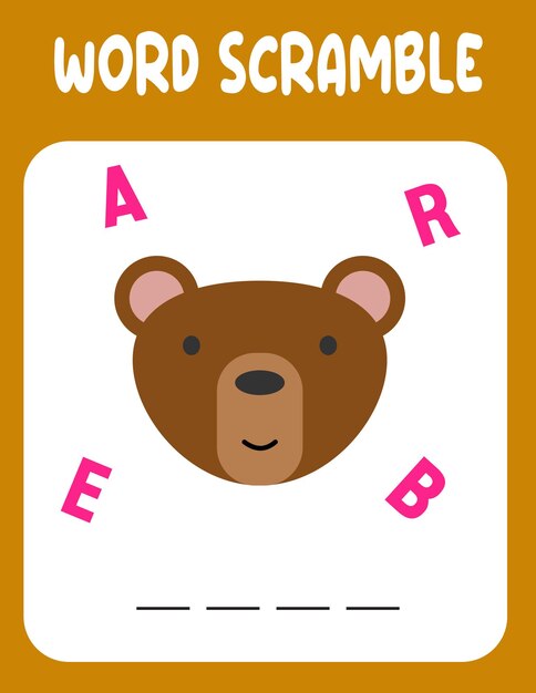 Bear word scramble educational game for kids english language spelling worksheet for preschool children