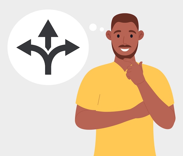 A bearded african american man in yellow tshirt thinking which way to go alternative choice vector