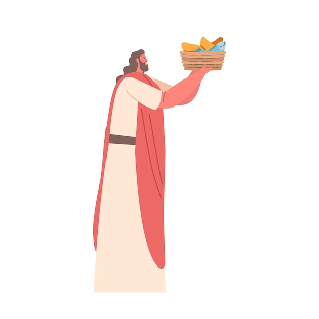 Bearded Apostle Holds Basket with Fish and Bread Man Feeding Hungry Crowd Cartoon People Vector Illustration