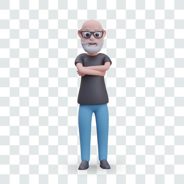 Bearded bald man in jeans is standing Male character crossed his arms over his chest