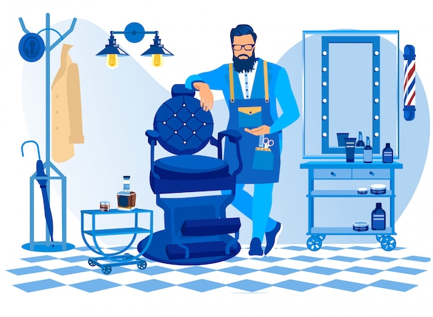 Vector bearded barber wearing apron with haircut tools