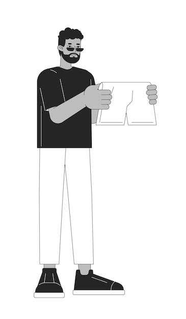 Bearded black man choosing boxer shorts black and white 2D line cartoon character