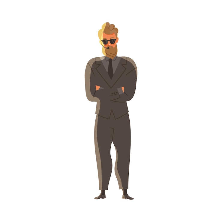 Vector bearded brutal man as security guard in black suit standing at nightclub face control vector