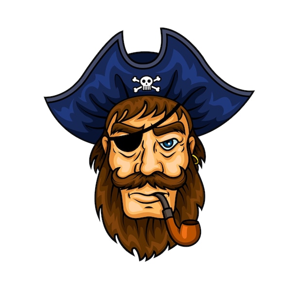 Barbuto cartoon pirata capitano personaggio pipa da fumo indossando benda sull'occhio e cappello blu con simbolo jolly roger