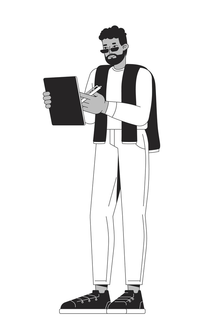 Vector bearded casual black man holding digital tablet and stylus 2d line character