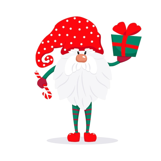 A bearded cute gnome in a red cap a fairytale christmas character vector illustration in flat style